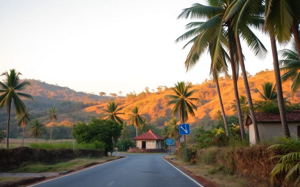 Quiet road through Naula near the Matale road south of Dambulla Sri Lanka with palm trees, a small guesthouse and gentle hills approaching the central highlands at golden hour