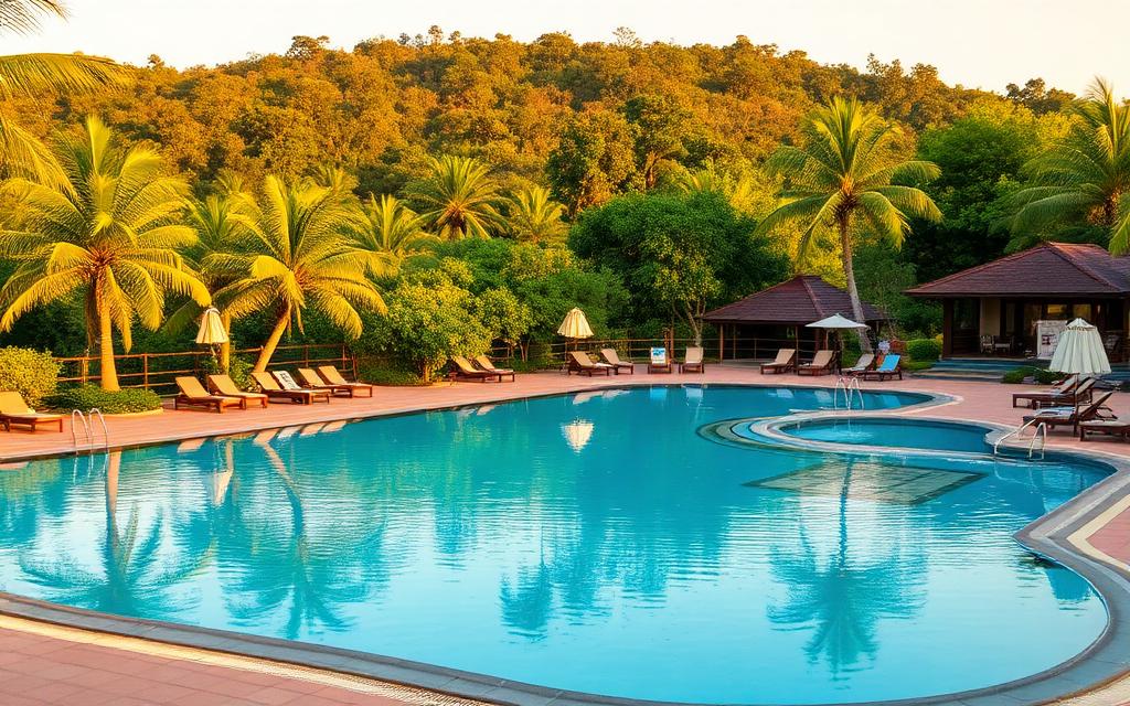 Resort swimming pool at an outside-city hotel near Dambulla Sri Lanka with palm trees, sun loungers and dry-zone jungle backdrop in warm tropical golden hour light