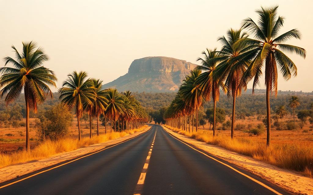 Sigiriya road near Dambulla Sri Lanka with palm trees lining the road and a distant rocky outcrop on the horizon at golden hour