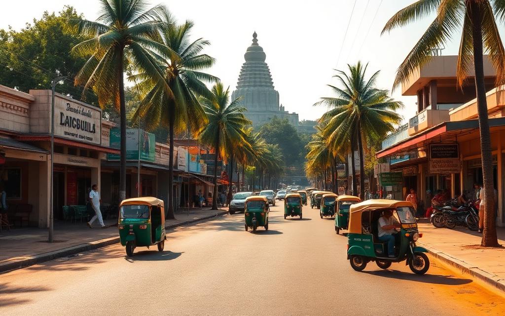 Dambulla town main street in Sri Lanka with low-rise shops, tuk-tuks, palm trees and warm afternoon light in a dry-zone setting