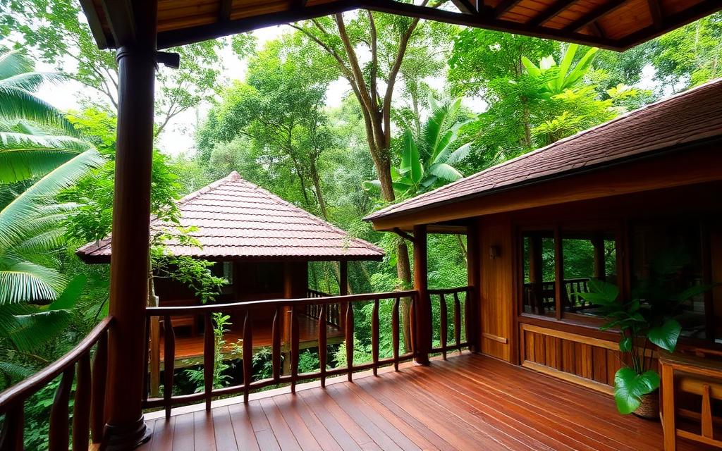 Tropical wooden rainforest bungalow with veranda overlooking lush green jungle canopy near Deniyaya Sri Lanka