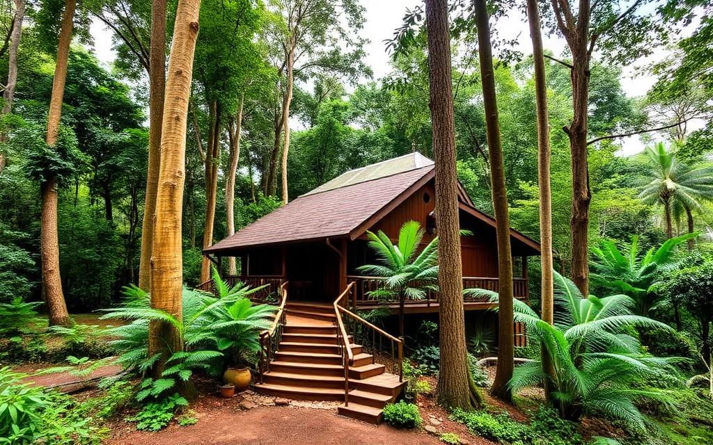 Rainforest eco lodge near Sinharaja Deniyaya Sri Lanka with low-rise wooden architecture among tall rainforest trees and ferns