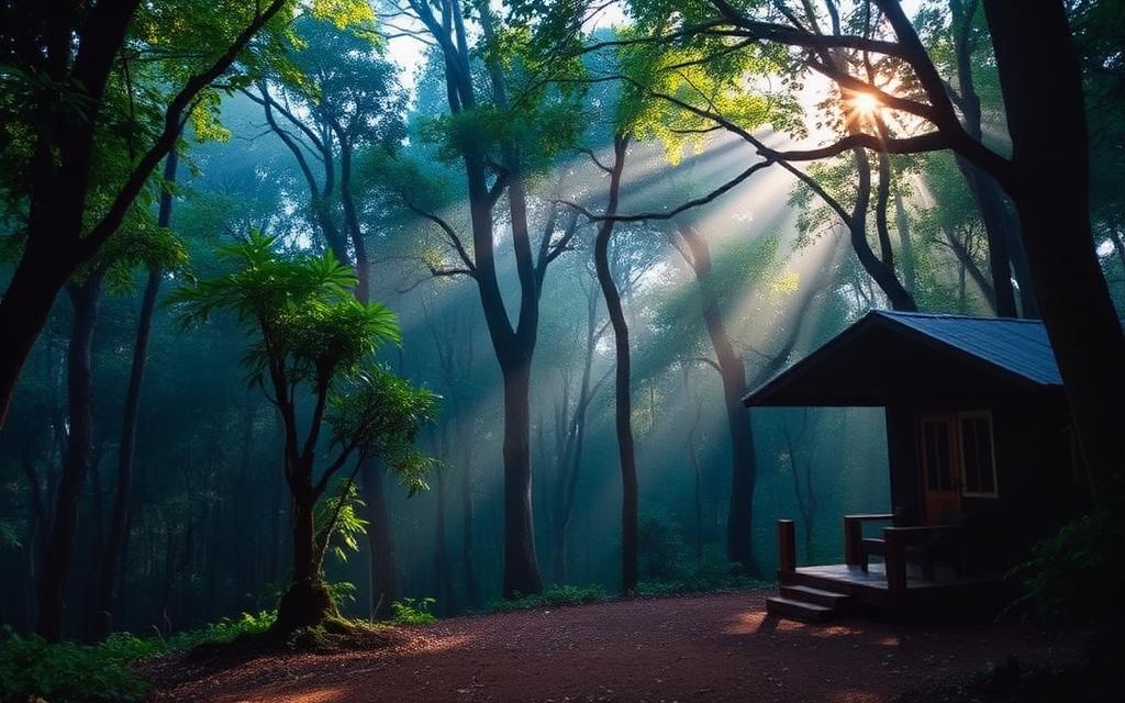 Quiet forest-edge cabin near Deniyaya Sri Lanka with simple wooden architecture and misty rainforest canopy in soft morning light