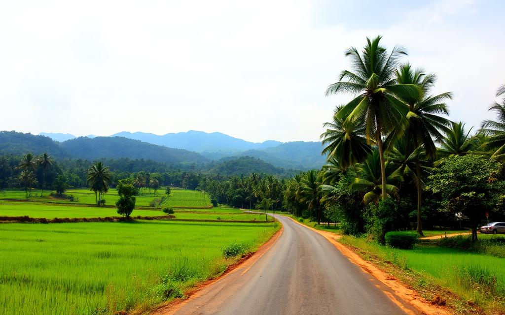 Galle southern route countryside near Deniyaya Sri Lanka with paddy fields, palm trees and distant green hills