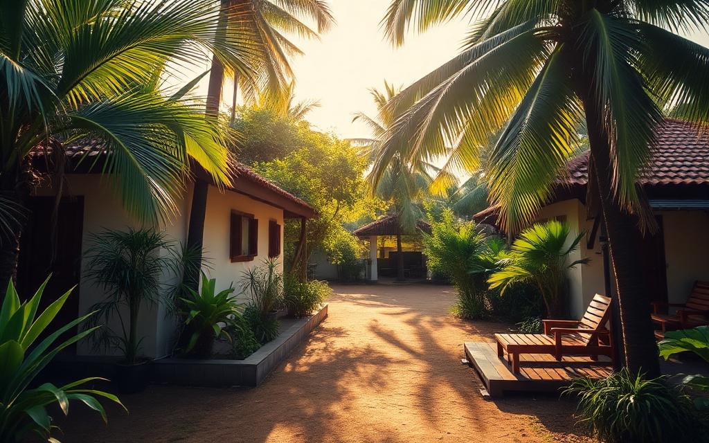 Family-run guesthouse in Deniyaya Sri Lanka with simple tropical architecture, garden and palm trees in warm afternoon light