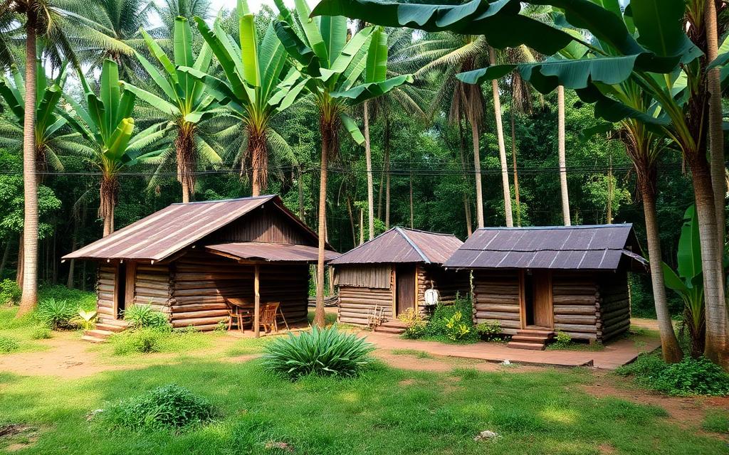 Quiet rural village near Lankagama Sri Lanka with simple wooden houses surrounded by dense rainforest and banana trees