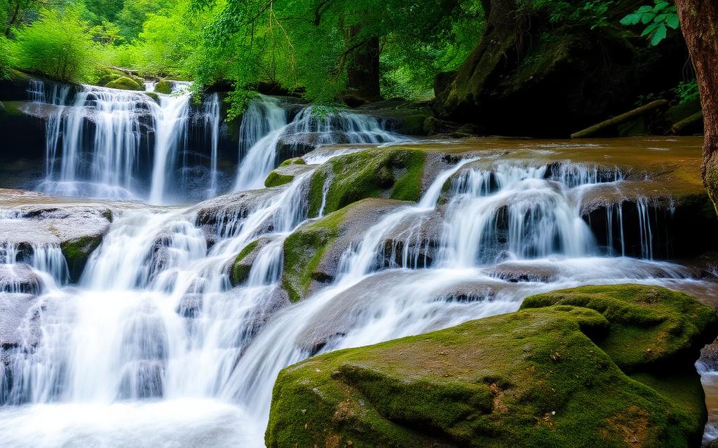 Cascading waterfall near Patna and Fatna area of Deniyaya Sri Lanka with mossy rocks and dense rainforest greenery
