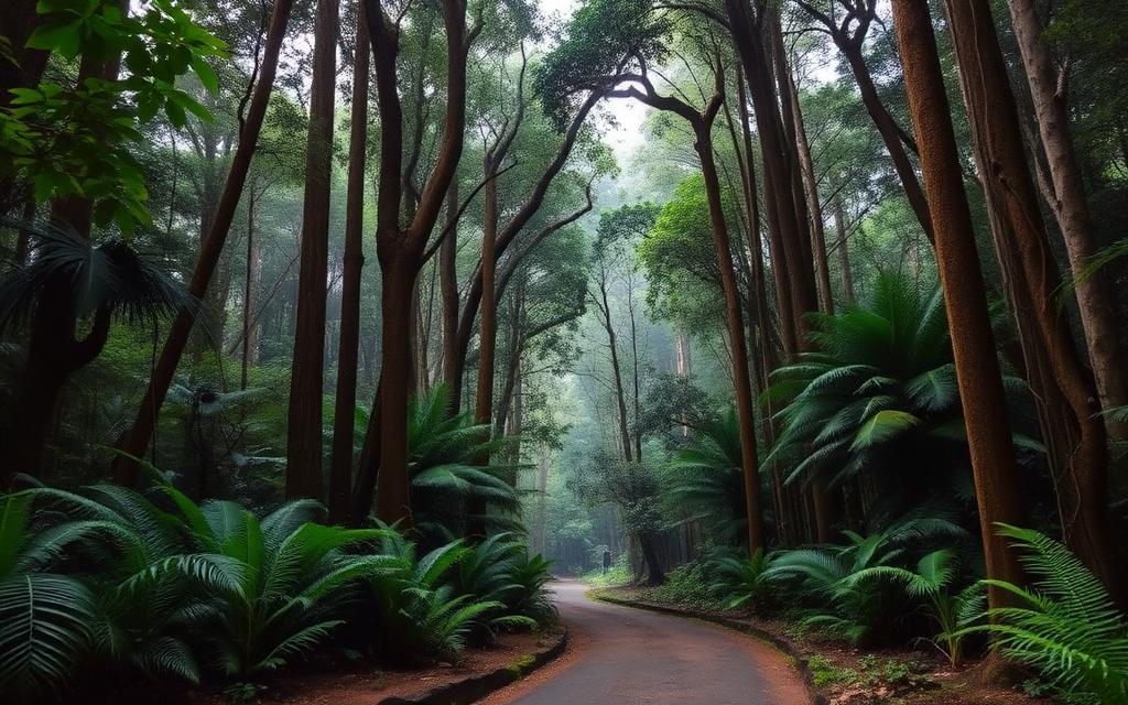 Narrow forest road through dense rainforest near Pitadeniya entrance of Sinharaja from the Deniyaya side with ferns and tall canopy in soft humid light