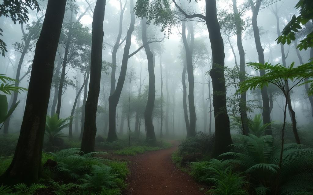 Misty rainforest path inside Sinharaja near Deniyaya Sri Lanka with tall canopy trees, ferns and soft humid morning light