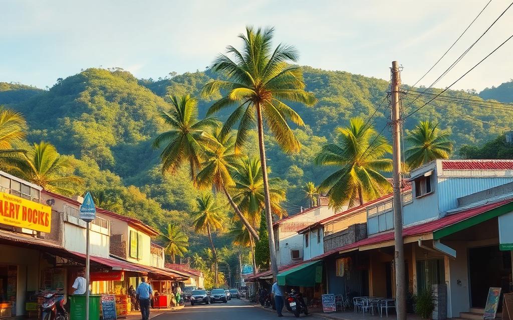 Small town street in Deniyaya Sri Lanka with shops, palm trees and lush green hills behind in warm afternoon light