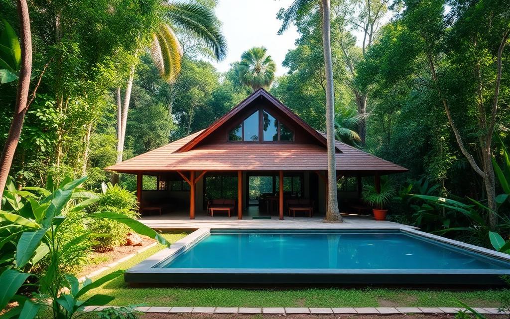 Small eco villa reference near Deniyaya Sri Lanka with tropical architecture, pool and rainforest setting