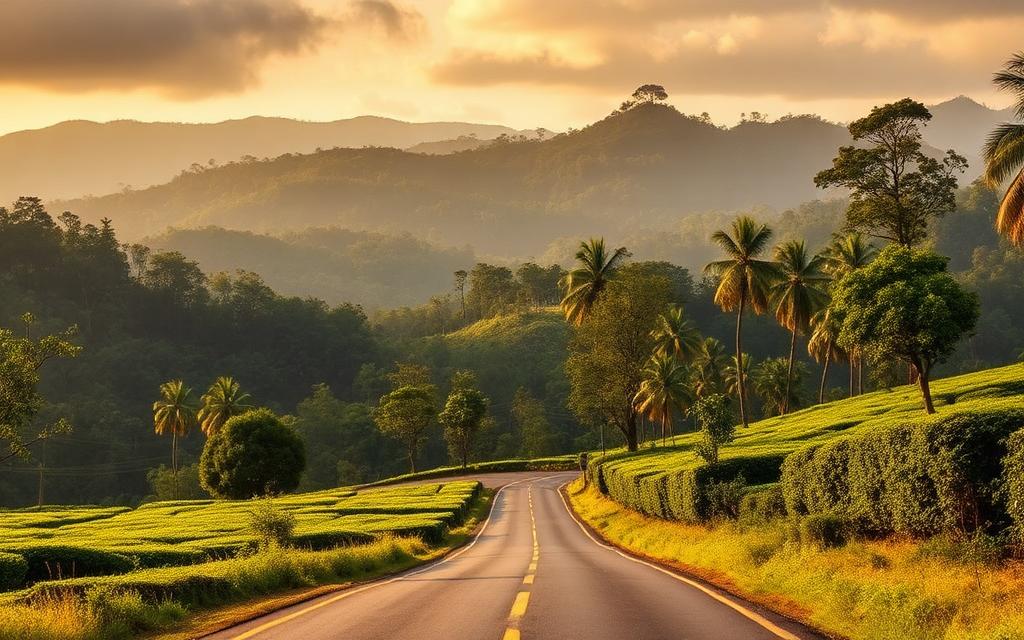 Scenic hill country road from Diyatalawa toward Bandarawela Sri Lanka through tea estates and forested mountains in golden afternoon light