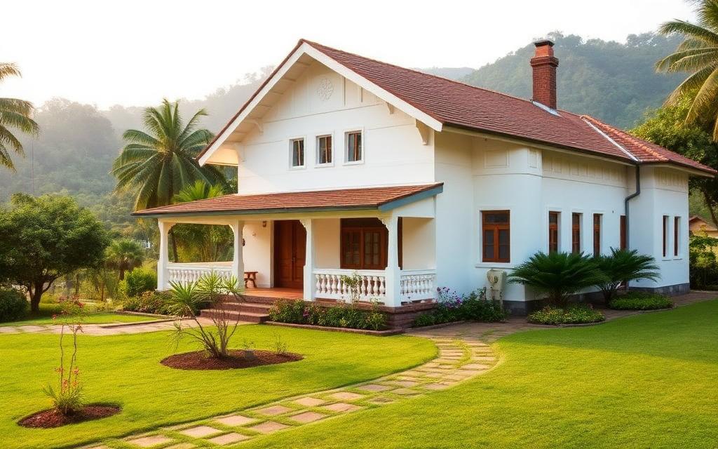 Holiday bungalow style accommodation in Diyatalawa Sri Lanka with white facade, garden and surrounding hill country in soft light