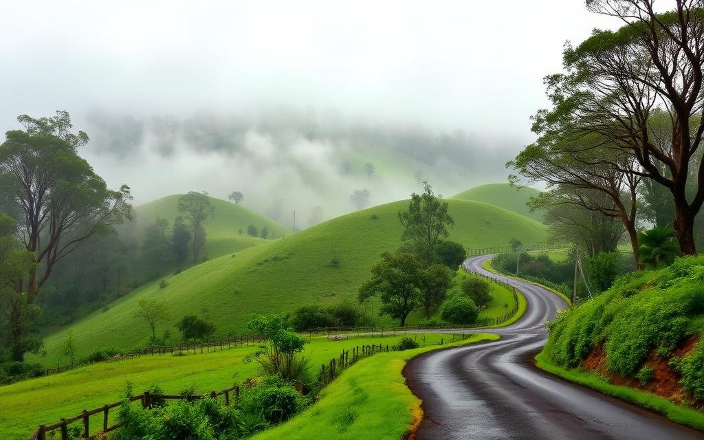 Cool weather family stay reference around Diyatalawa Sri Lanka with green eucalyptus hills and country road