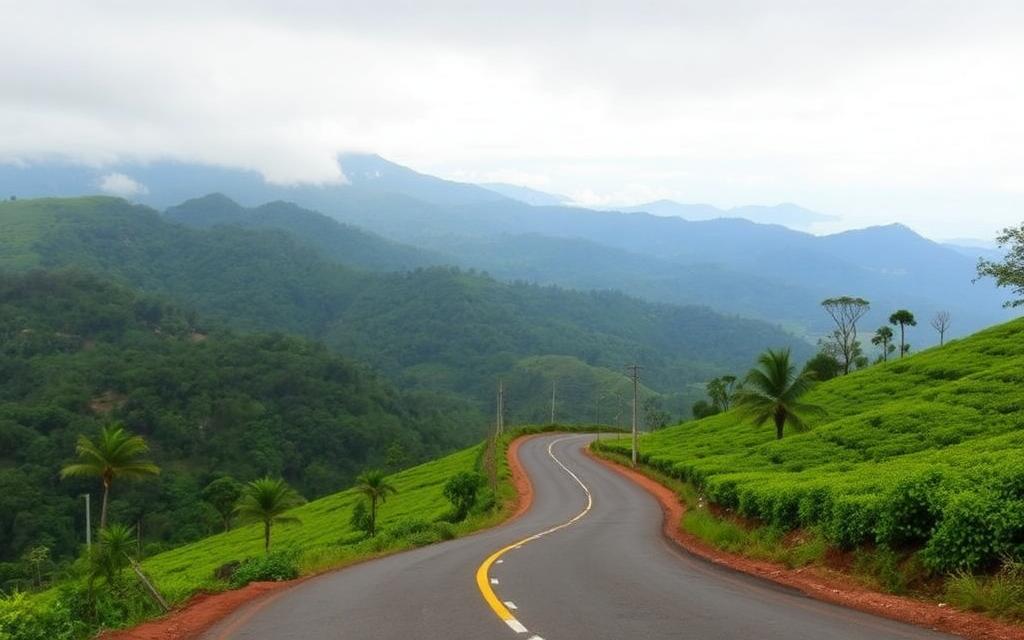 Hill country road from Diyatalawa toward Ella and Badulla Sri Lanka winding through tea fields and green Uva mountains