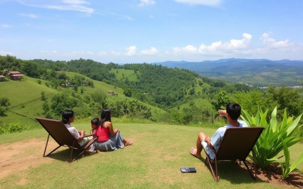 Family enjoying cool weather hill country break in Diyatalawa Sri Lanka with garden and green hills around