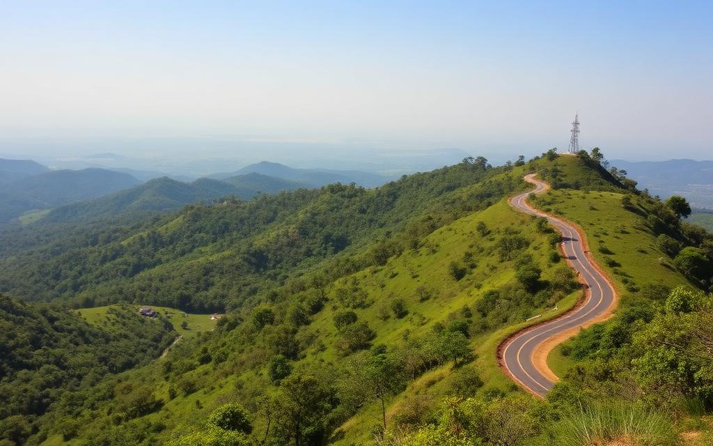 Fox Hill Diyatalawa Sri Lanka scenic green hill landscape with winding road, eucalyptus trees and Uva hill country views