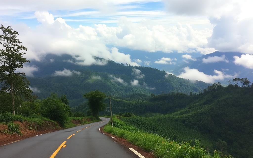 Mountain road from Diyatalawa toward Haputale Sri Lanka with sweeping tea hill views and clouds