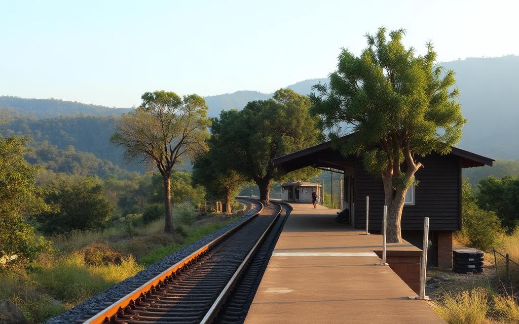 Diyatalawa railway station Sri Lanka small hill country platform with tracks, eucalyptus trees and mountain backdrop