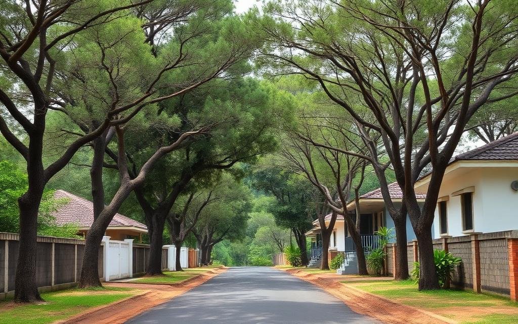 Quiet residential lane in Diyatalawa Sri Lanka with eucalyptus trees and small bungalow style houses, calm hill country atmosphere