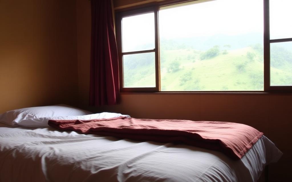 Simple town room option reference in Diyatalawa Sri Lanka with bed, warm bedding and hill country window view