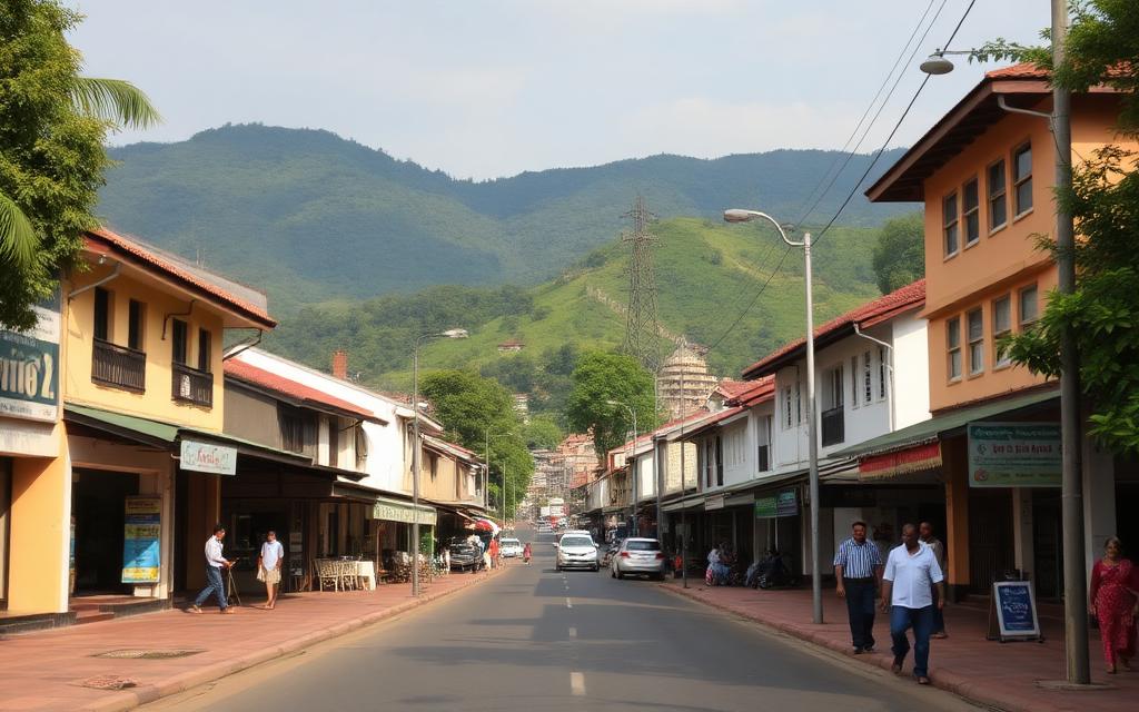 Diyatalawa town centre Sri Lanka quiet hill country main street with shops, pedestrians and green hills in afternoon light