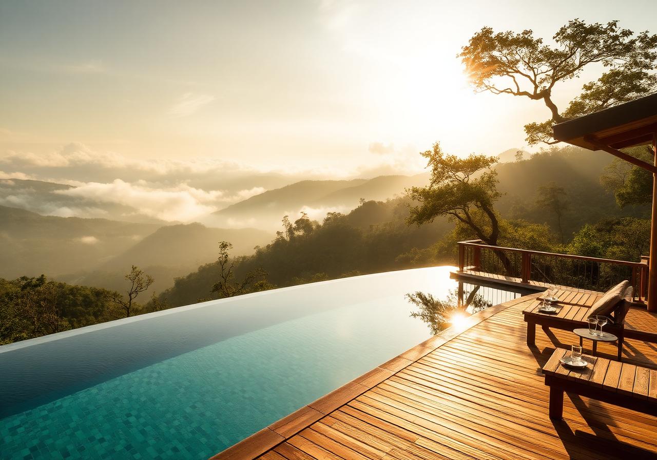 Boutique hillside hotel infinity pool overlooking misty green mountains and the Ella valley at golden hour