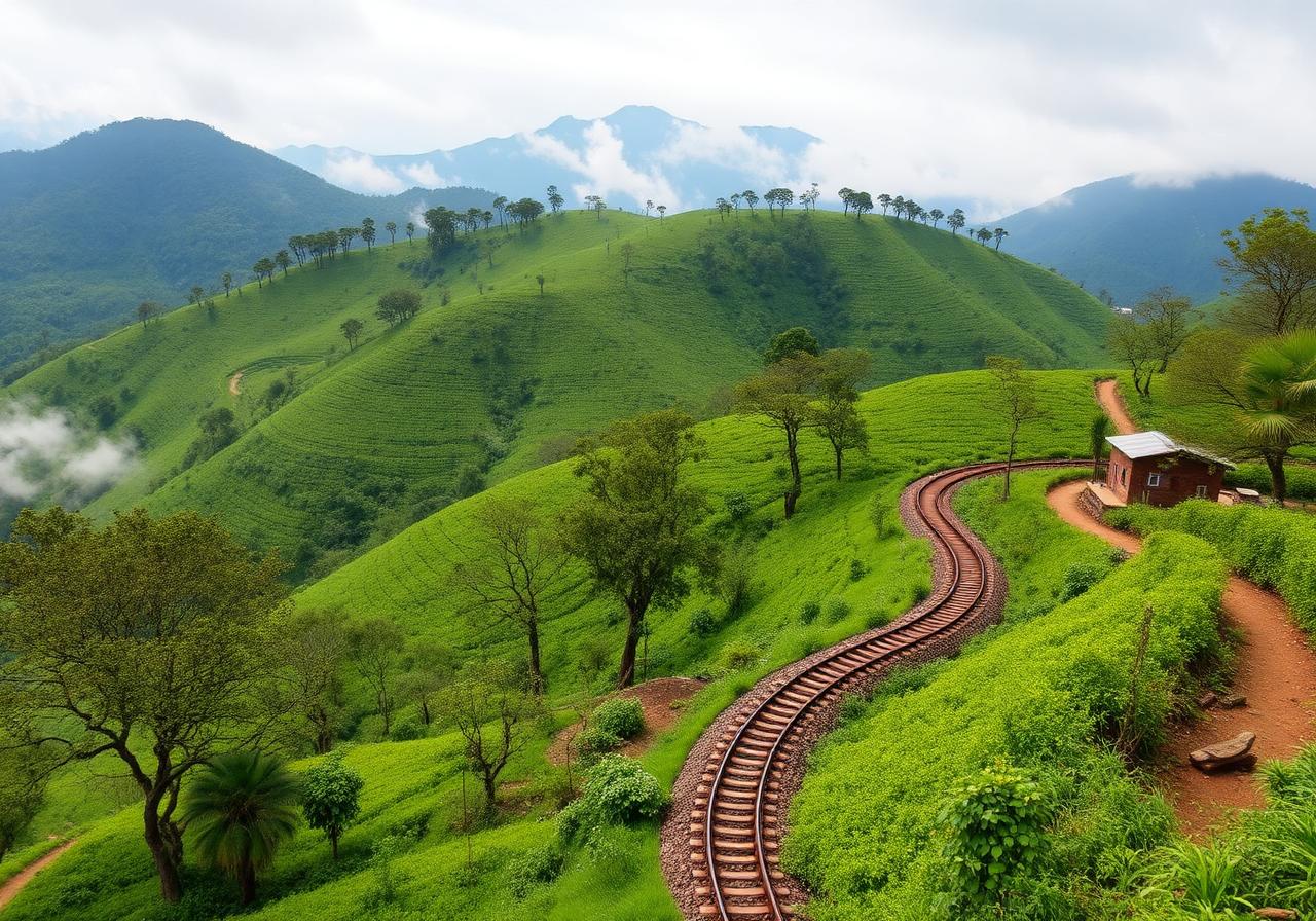 Demodara rural hill country near Ella Sri Lanka — quiet tea estate village with green hills, a curved railway track and misty valleys
