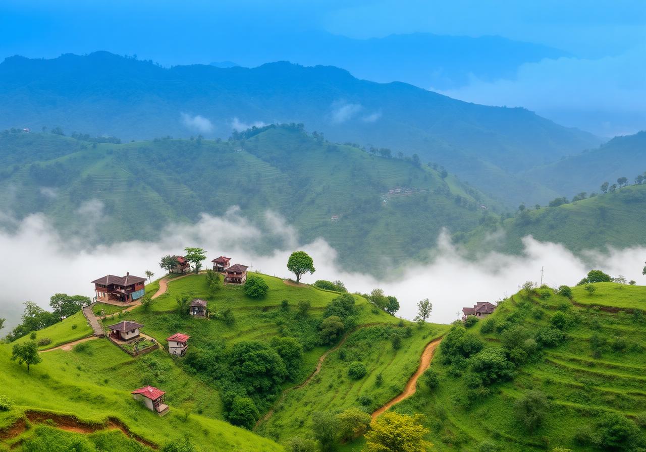 Kithal Ella hillside in Sri Lanka — small guesthouses on terraced green hills with mist rising from the valley below