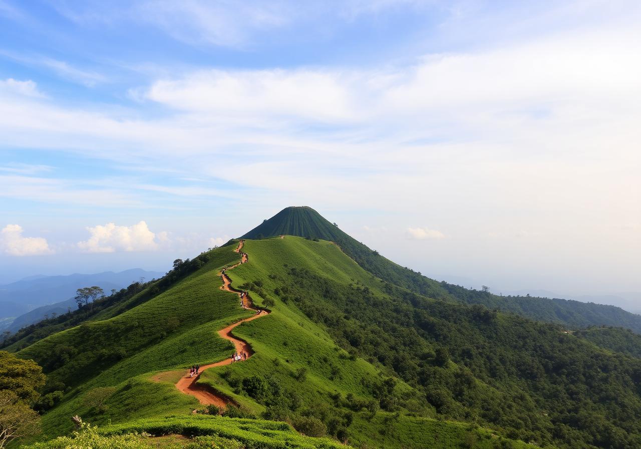 Little Adam's Peak near Ella Sri Lanka — green conical hill with a winding hiking trail and sweeping tea country views