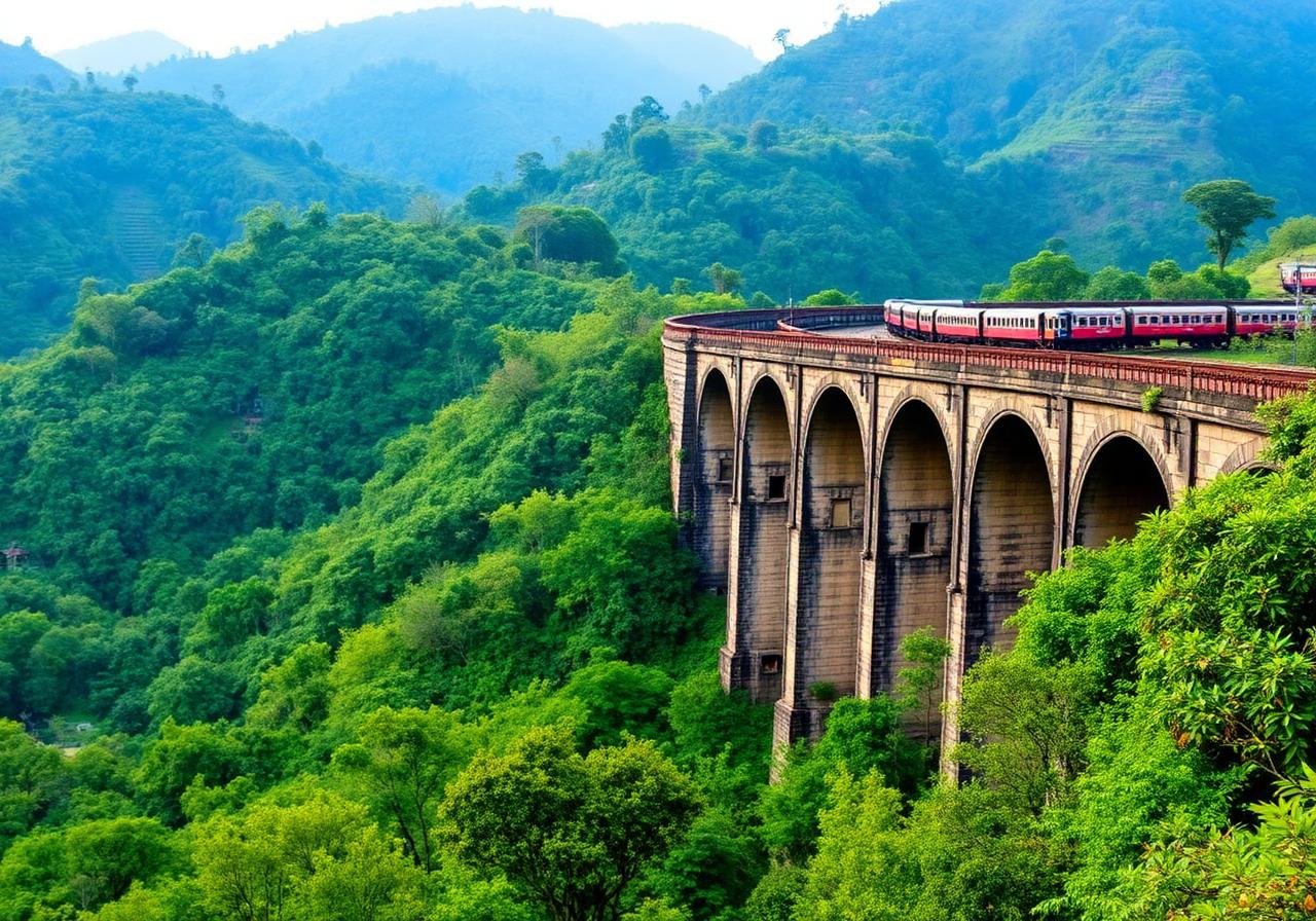 Nine Arch Bridge in Ella Sri Lanka — iconic stone railway viaduct surrounded by dense green jungle and tea hills