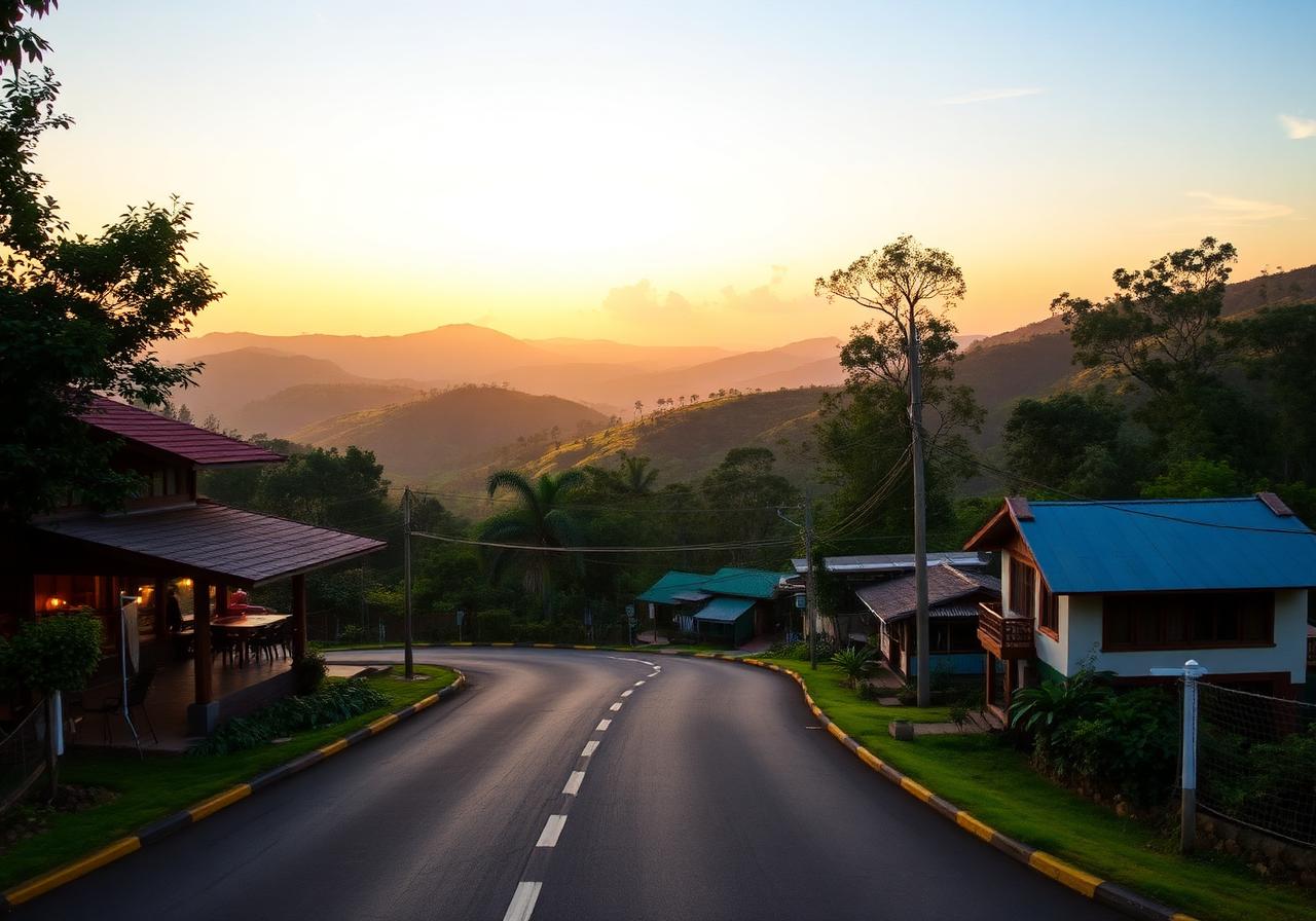 Passara Road near Ella Sri Lanka — winding hill country road lined with cafes and small boutique guesthouses with tea hills behind at sunset