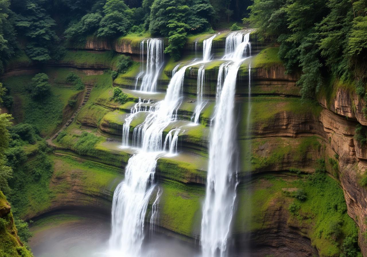 Rawana Falls near Ella Sri Lanka — multi-tiered waterfall cascading down green rocky cliffs surrounded by jungle