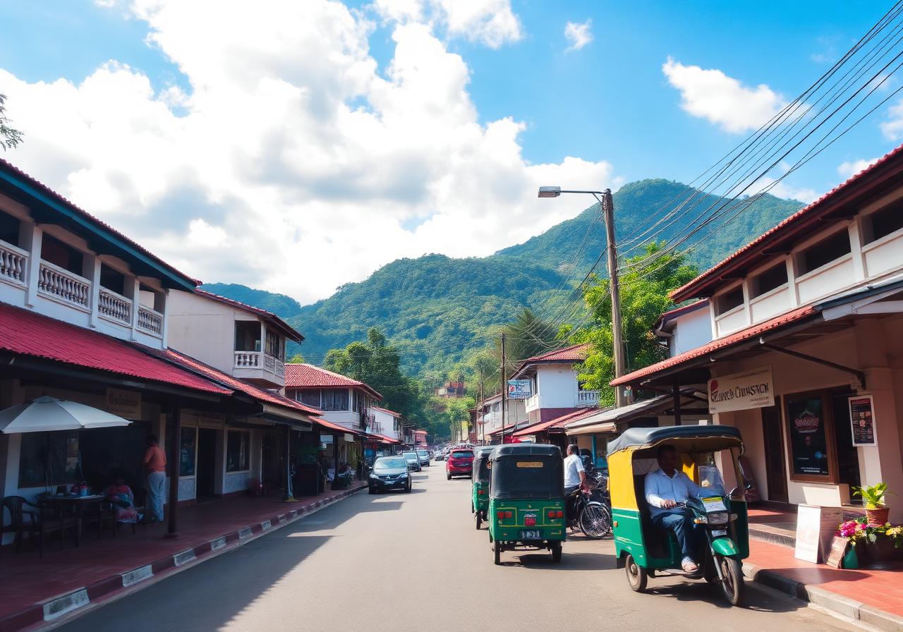 Ella town centre main street in Sri Lanka with cafes, tuk-tuks and green hill country mountains rising behind