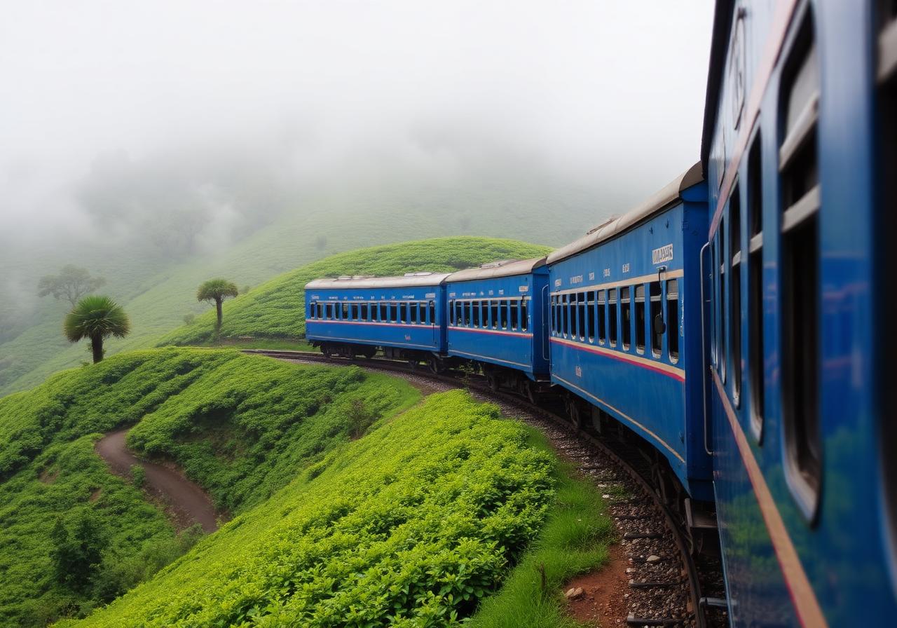 Sri Lanka blue train passing through misty tea country near Ella
