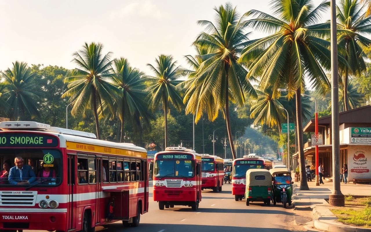 Embilipitiya bus stand and main road Sri Lanka with buses, tuk-tuks and small shops in afternoon sunlight