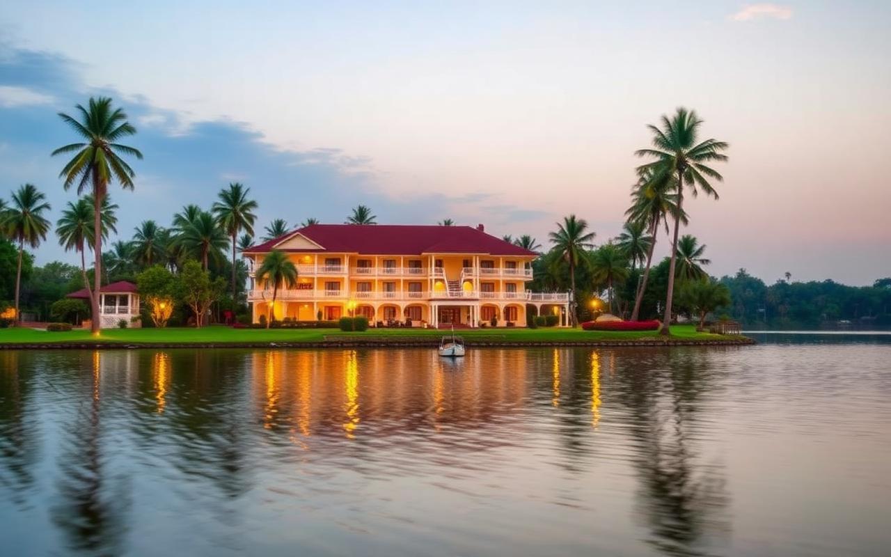 Lake hotel near Chandrika Lake Embilipitiya Sri Lanka with mid-rise building facing calm water at golden hour