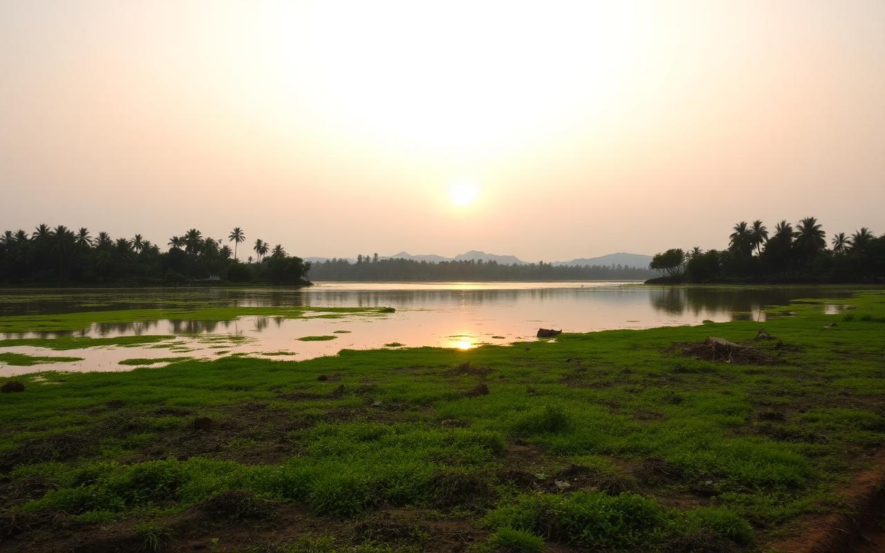 Chandrika Lake near Embilipitiya Sri Lanka with calm reservoir water, palm trees and soft golden sunset light