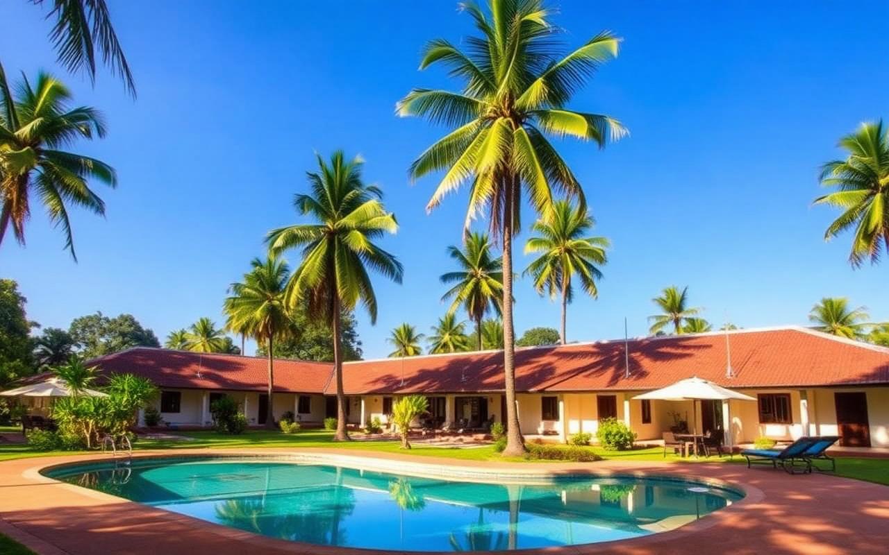 Small inland resort reference near Embilipitiya Sri Lanka with pool, garden and palm trees