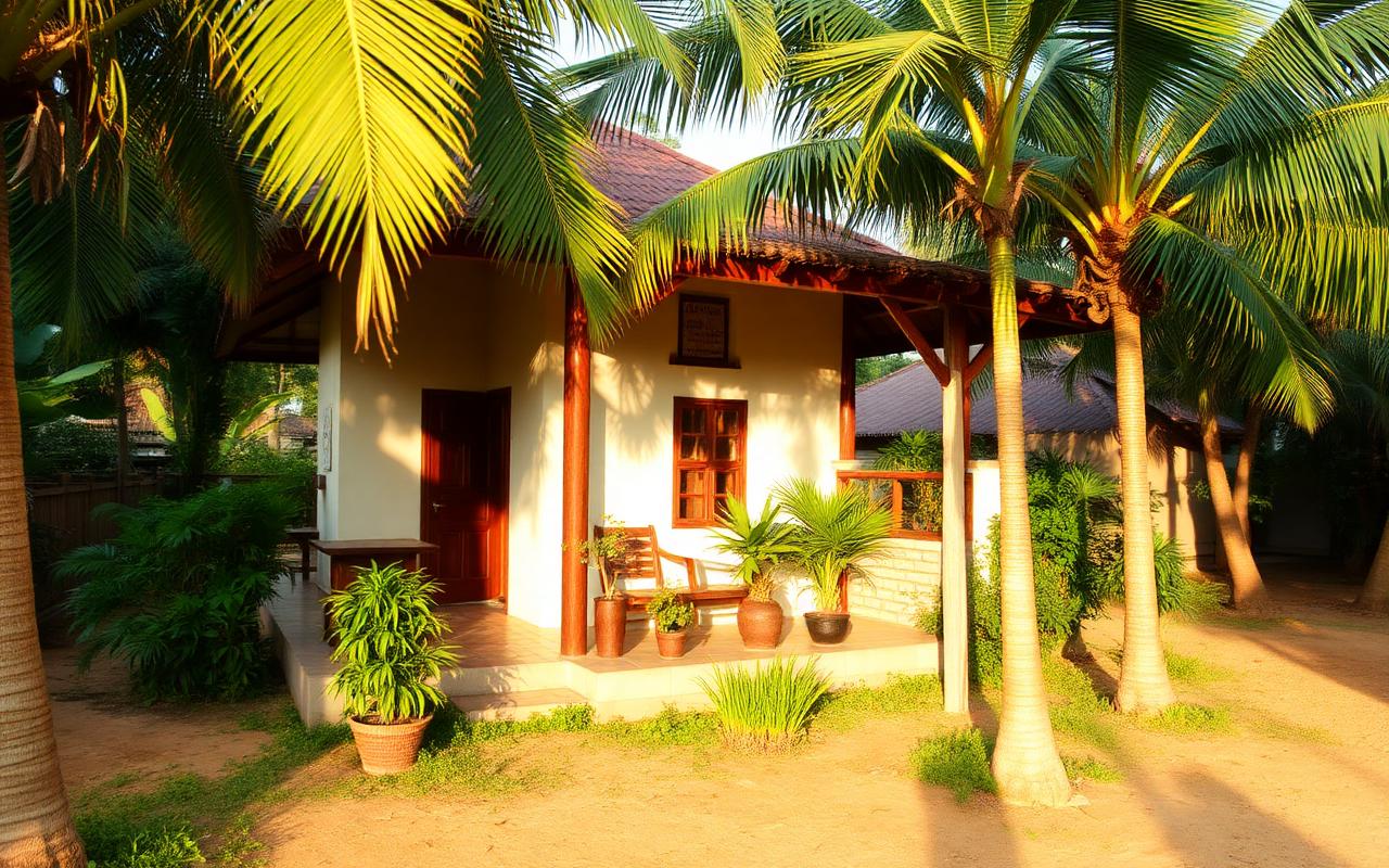 Local family-run guesthouse in Embilipitiya Sri Lanka with simple inland tropical architecture, palm trees and garden