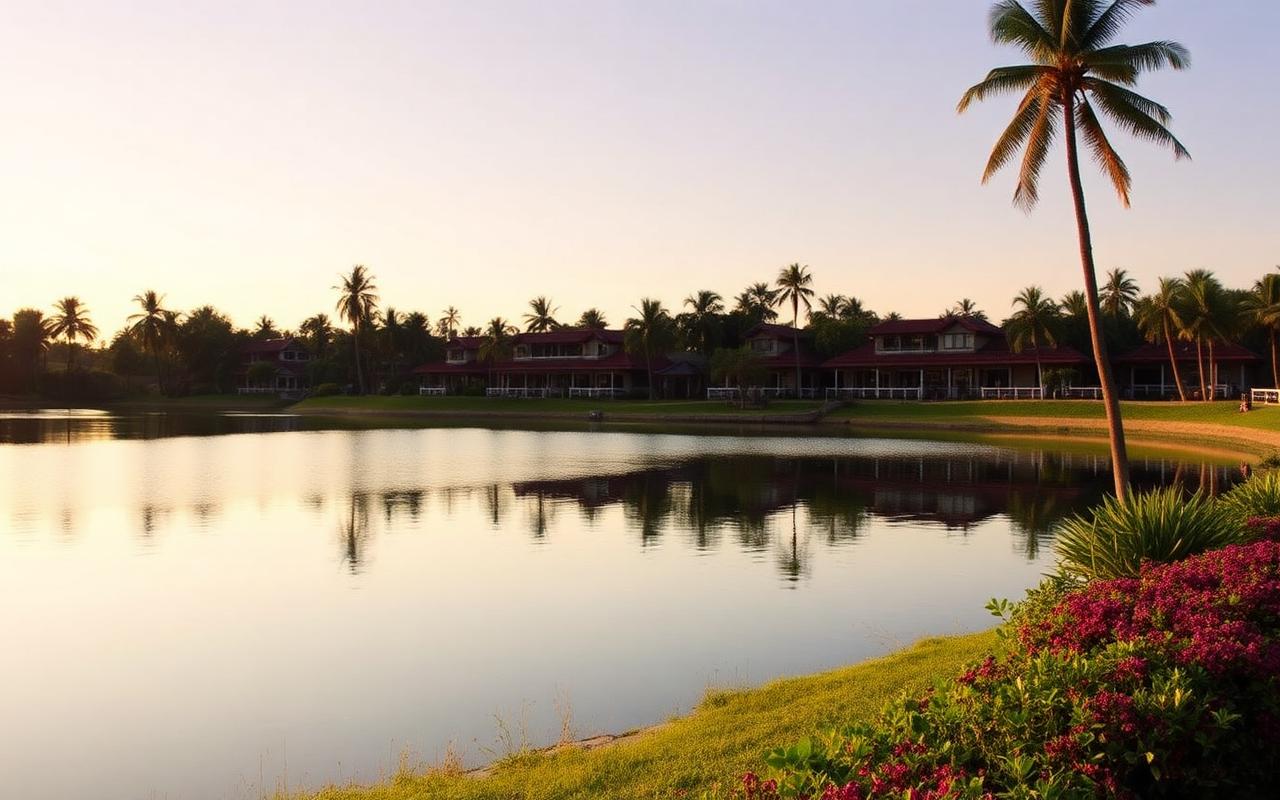 Lake-side hotel reference near Embilipitiya Sri Lanka with low-rise architecture and palm gardens