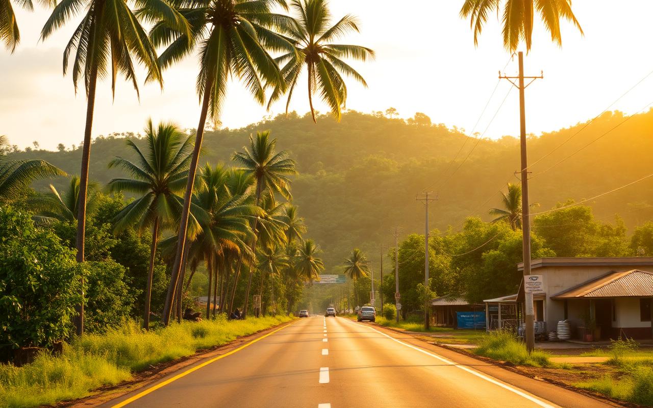 Inland Sri Lankan road heading from Embilipitiya toward Ratnapura with palm trees, lush hills and warm afternoon golden light