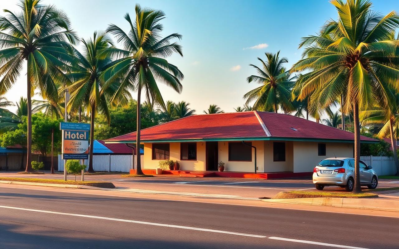 Route-side stay reference along the road near Embilipitiya Sri Lanka with palm trees and small local building