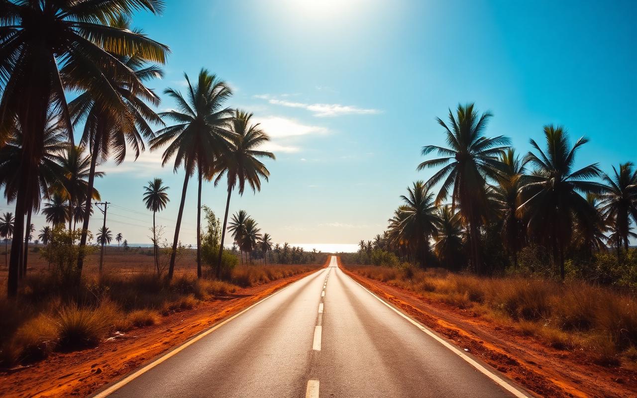 Inland road from Embilipitiya toward Tangalle and Hambantota Sri Lanka with palm trees and dry-zone vegetation