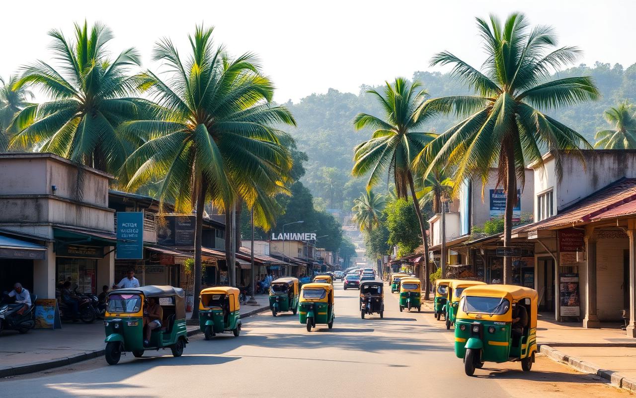 Embilipitiya town centre Sri Lanka inland street with small shops, tuk-tuks, palm trees and warm afternoon light