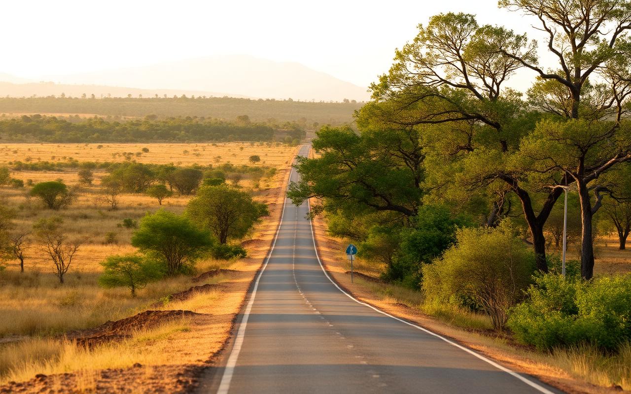 Inland road from Embilipitiya toward Udawalawe National Park Sri Lanka with dry-zone savanna and warm afternoon light