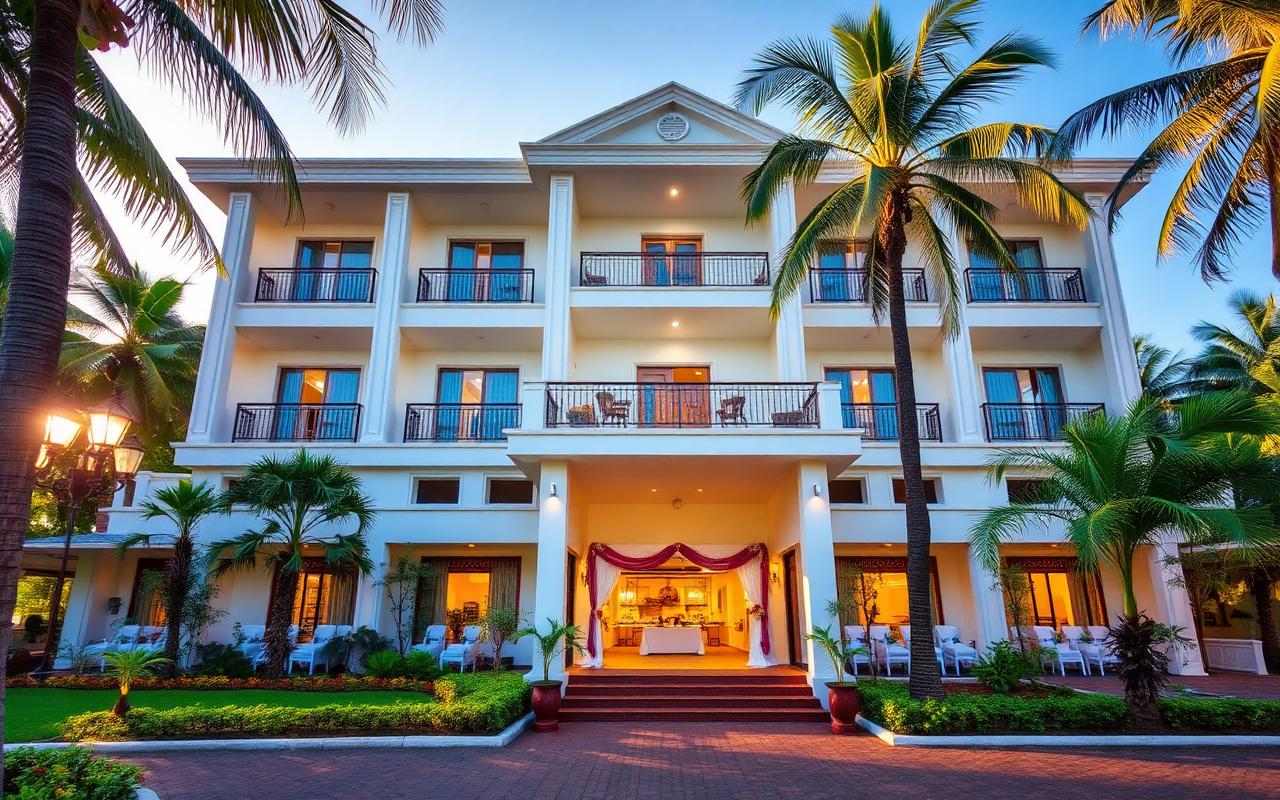 Wedding and event hotel exterior in Embilipitiya Sri Lanka with larger local hotel building, garden and palm trees