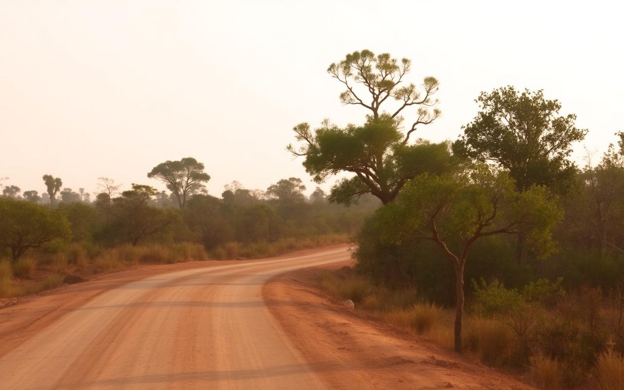 Road from Embilipitiya toward Kataragama and Yala Sri Lanka with dry-zone forest and dusty inland road in warm afternoon light