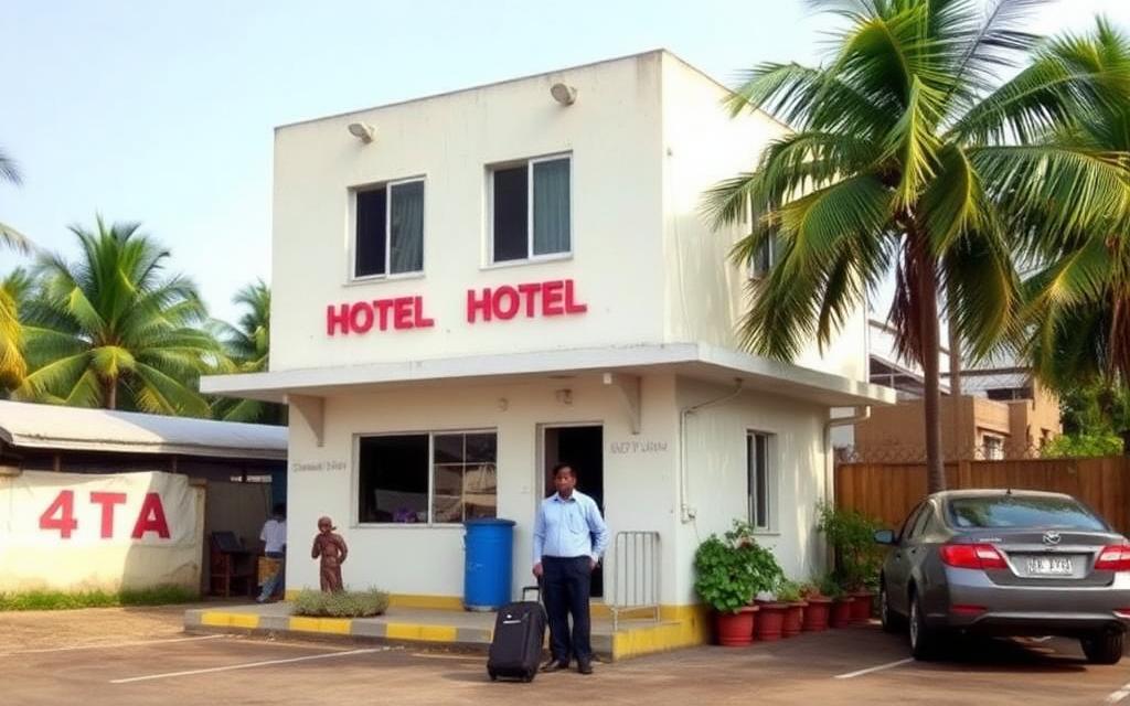 Small business hotel reference in Gampaha Sri Lanka with parking, modest facade and palm trees