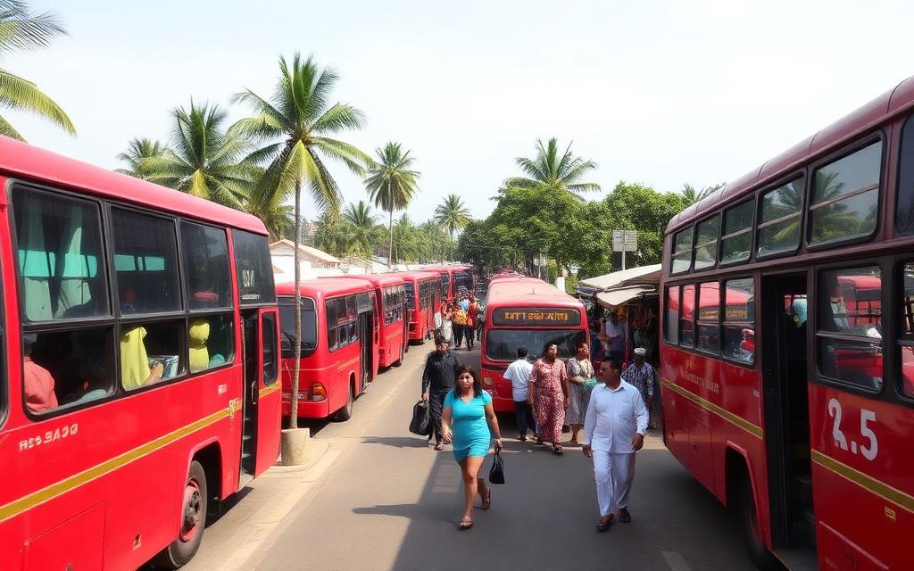 Gampaha bus stand area in Sri Lanka with red buses, passengers and palm trees
